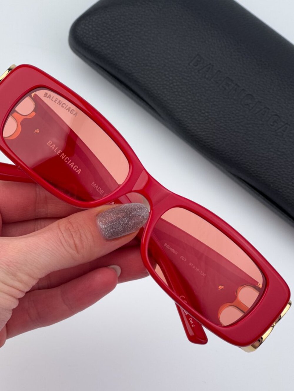 BALENCIAGA BB0096S 003 RED GOLD LOGO RECTANGLE SUNGLASSES